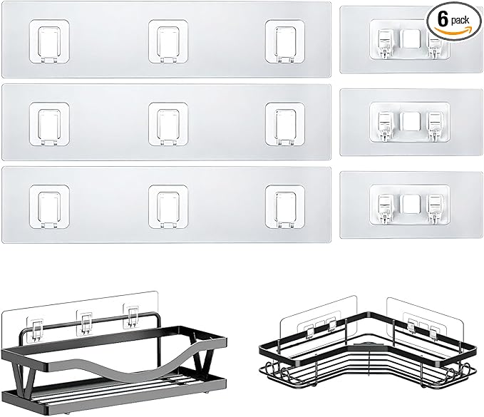 Shower Caddy Adhesive Replacement Hooks, Strong Waterproof Strips, No Drilling for Bathroom Shelves, Kitchen Racks, and Soap Holders (Transparent-6 Pack 1&3 Hook)