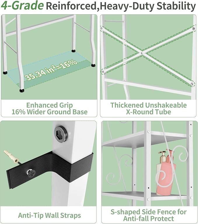 Over-The-Toilet Storage Rack 4-Tier,Bathroom Organizer Shelf Over Toilet,Adjustable Wooden Shelves and Basket,Freestanding Above Toilet Shelve,Space Saver for Rooms(White Rack-White Shelves)