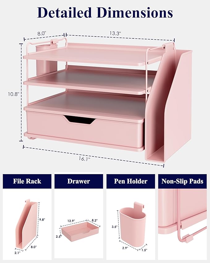 Kitsure Desk Organizer - 4-Tier Office Desk Accessories with Drawer ＆ Pen Holder, Tool-Free Assembly Organizer with Non-Slip Pads, for Office Supplies Storage, Plastic, 13.3" x 8.0" x 10.8", Pink