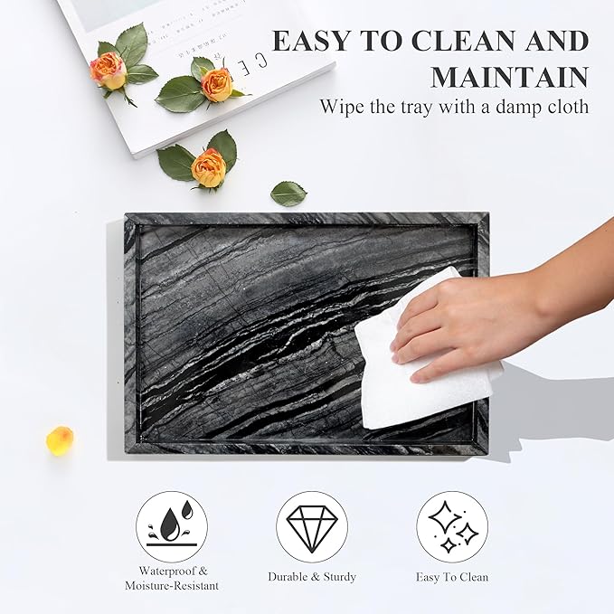 Natural Marble Tray for Bathroom, Genuine Ancient Wood Grain Marble Vanity Tray, Luxury Stone Trays for Dresser, Home Decor, Kitchen, Non-Resin/Non-Ceramic, 12"x 8", Ancient Wood Grain