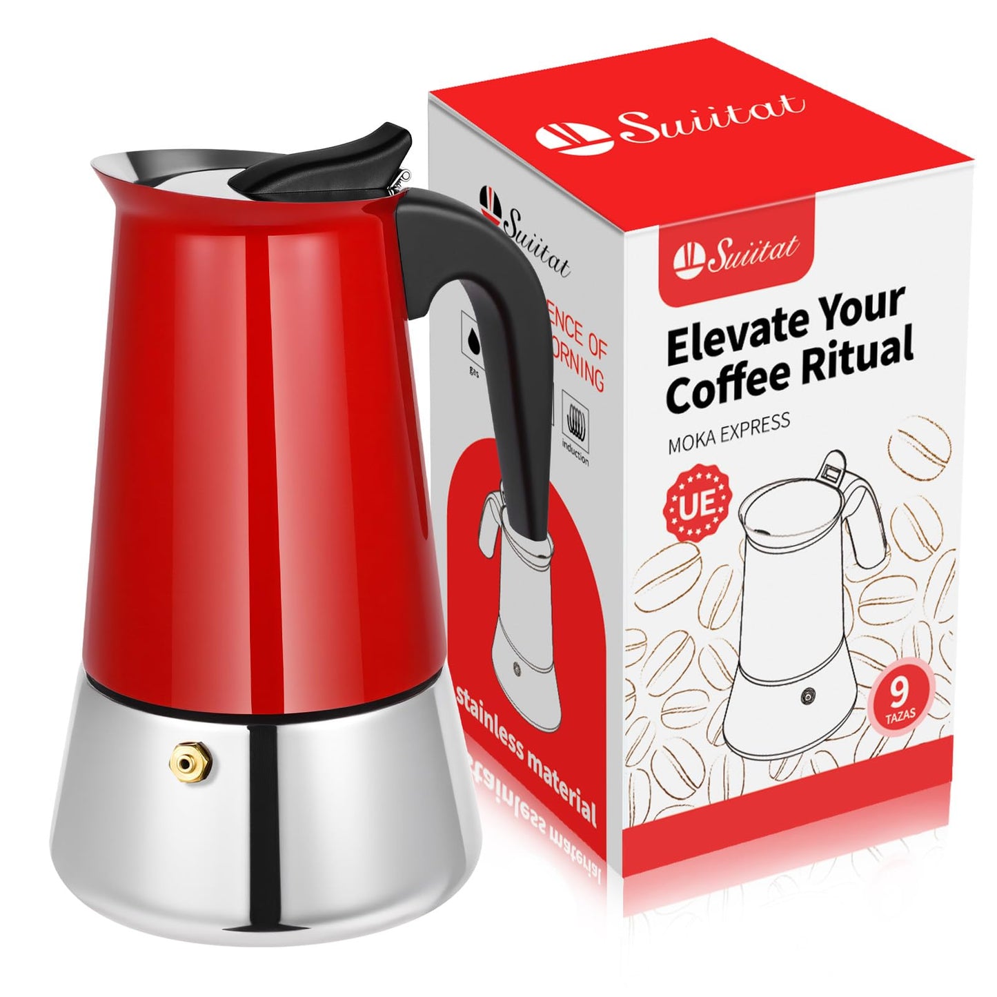 Suiitat 4 Cup Stainless Steel Moka Pot, 200ml Stovetop Espresso Maker, Red
