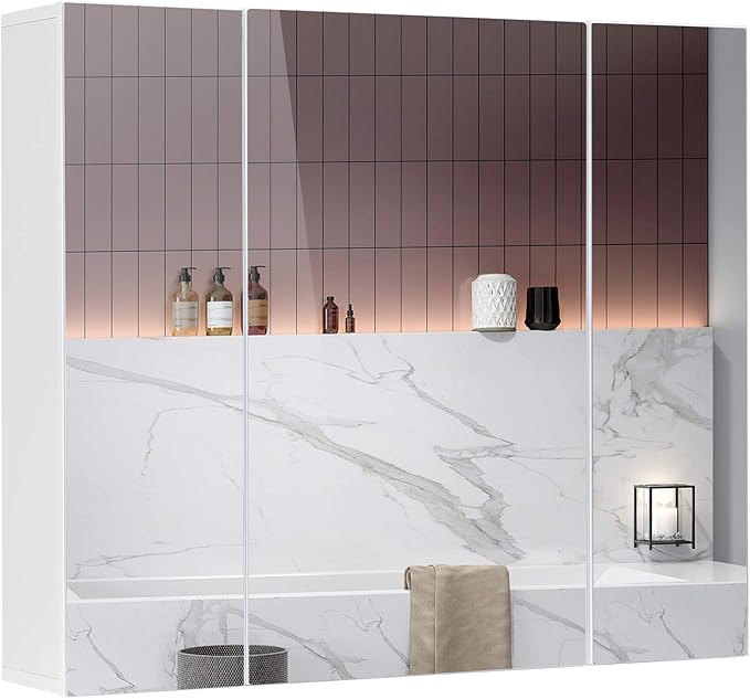 DICTAC Medicine Cabinet Bathroom Mirror Cabinet with 3 Door 27.6x23.62 Inch Bathroom Wall Cabinet with Mirror Wall Mirror Storage Shelf with 3-Adjustable Shelves Storage Organizer Cupboard,White