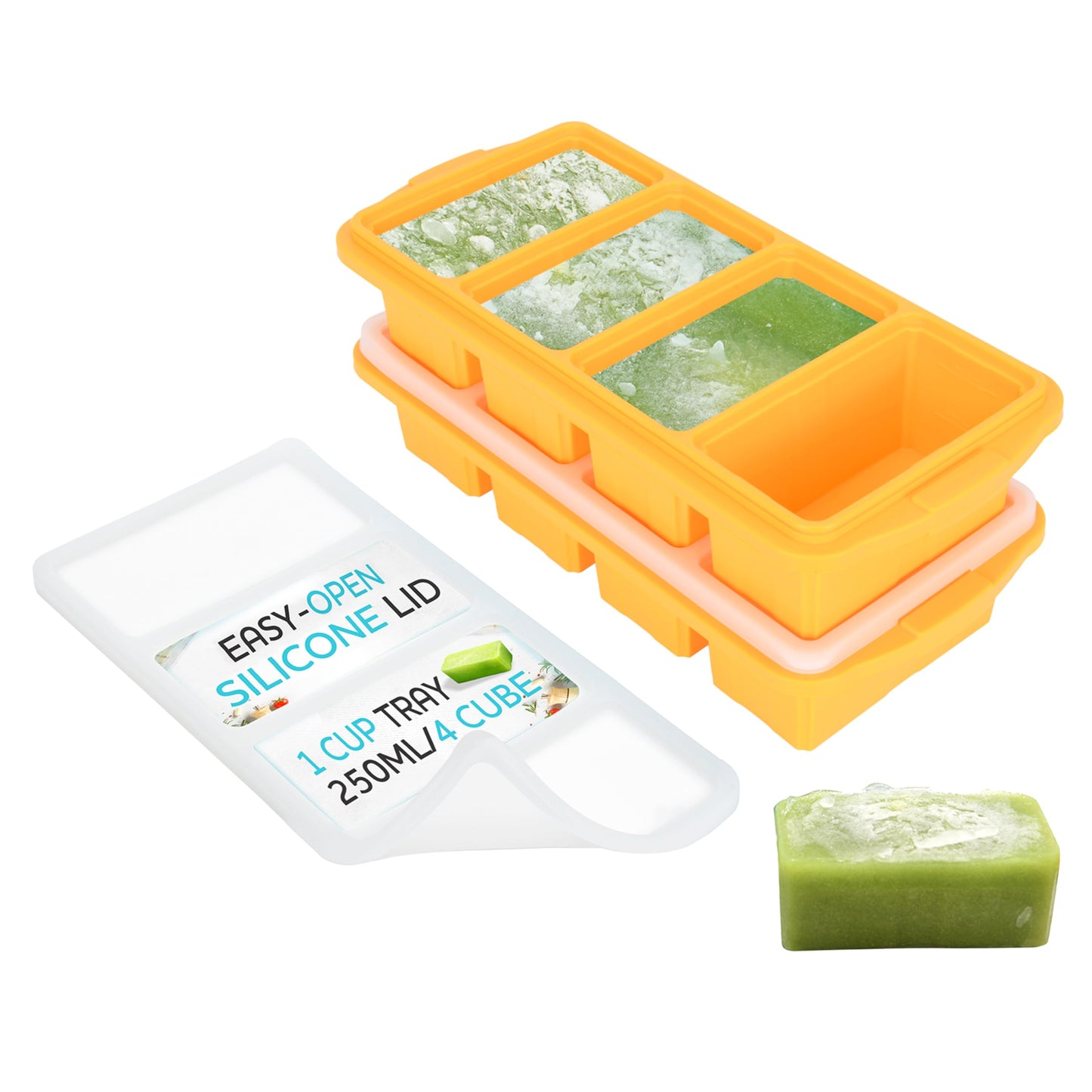 XOMOO Silicone Freezer Tray With Lid - Soup Freezer Container molds - Large Ice Cube Tray- makes 8 perfect 1 cup portions cubes, 2-Pack Freezer Storage Food Soups & Meal Prep - Oven & Dishwasher -Safe