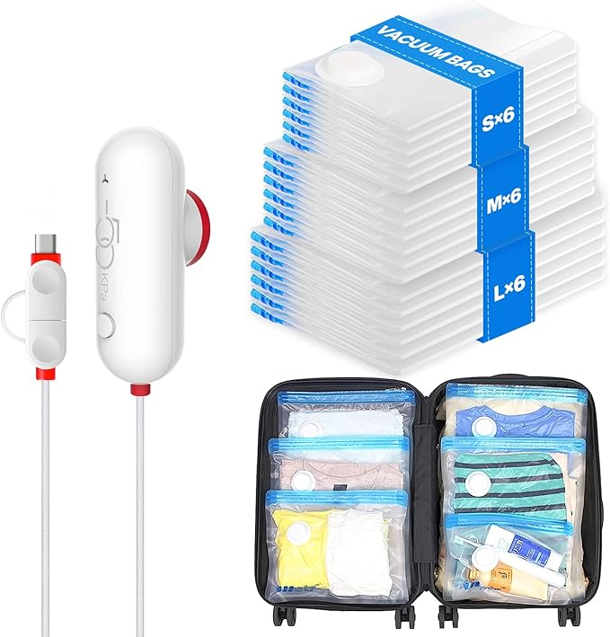 VMstr 12 Pack Travel Vacuum Storage Bags with USB Electric Pump, Compression Bags for Travel, Space Saver for Clothes and Clothing