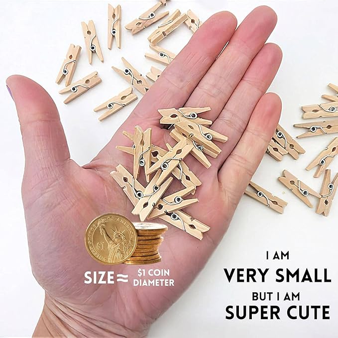 Sturdy Mini Clothes Pins for Photo, 150 Pcs 1 Inch Natural Wooden Clothespins with 33 FT Jute Twine, Small Clips for Crafts Display, Baby Shower Game, Hanging Decorative Pictures, Cocktail, Weddings
