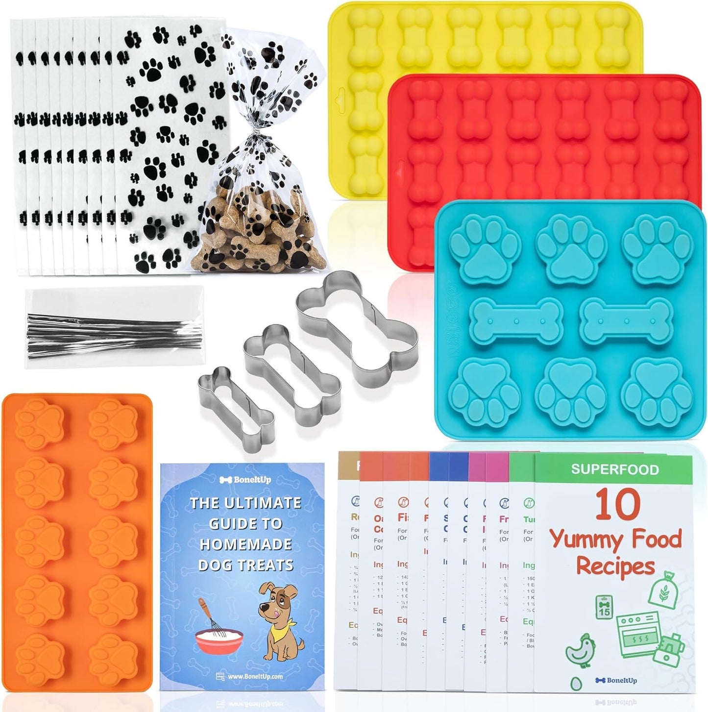 BoneItUp Dog Birthday Cake Kit - Bake Birthday Cakes for Dogs - Dog Party Supplies Set with - Large Cake Mold, 3 Vet-Backed Cake Recipes, 2 Drawing Pens, 10 Balloons, Birthday Hat & Bow