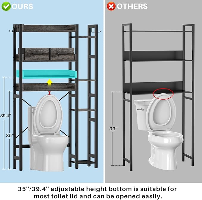 Over The Toilet Storage with 2 Drawers - 7 Tier Bathroom Organizer with Adjustable Shelf, Freestanding Space Saver Storage Rack Above Toilet Stand with 4 Hooks for Restroom, Laundry, Grey Oak