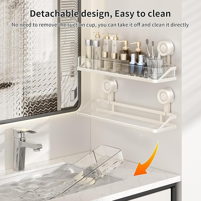 Suction Cup Shower Caddy, Removable Bathroom Organizer Shelf for Shower Storage, No Drilling Clear Square Shower Shelves, Large Capacity & Reusable, Home & Kitchen White
