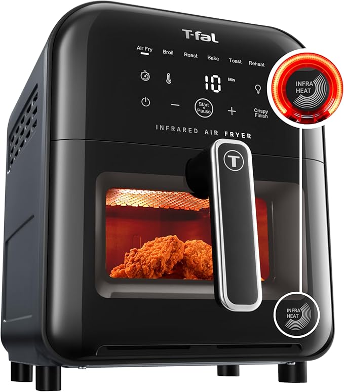 T-fal Infrared Air Fryer, 2x Faster Than Traditional Heating*, Large Air Fryer Dehydrator Combo, 8 Cooking Functions, Window With Light, No-Shake Technology, Dishwasher Safe, 1800W, Black