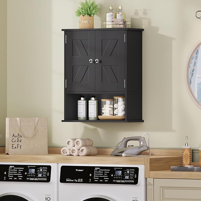 TEENFON Bathroom Wall Cabinet, Over The Toilet Space Saver Storage Cabinet with Barn Doors & Adjustable Shelf, Hanging Medicine Cabinet, Black UNGGX003HV1