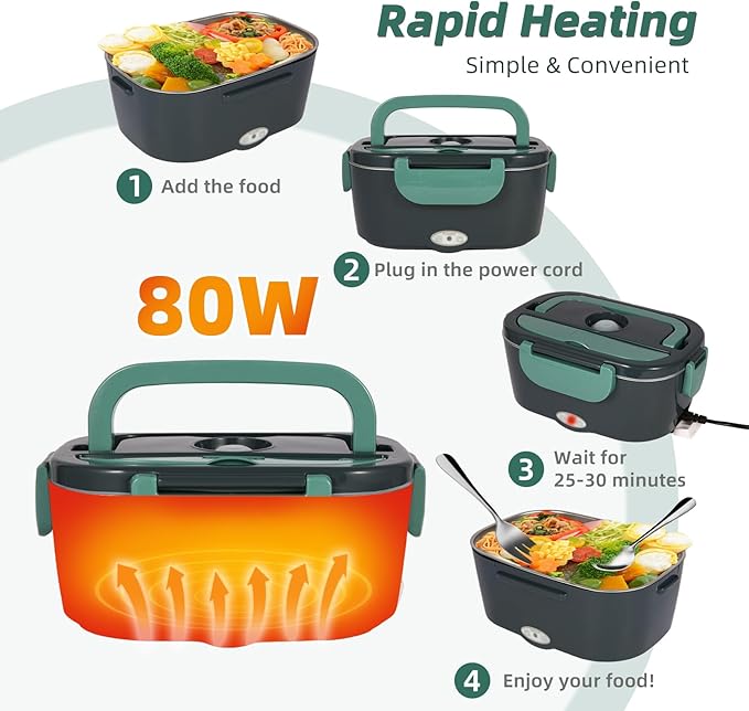 Heated Lunch Box with Heating Time Controller, Automatic Heat Preservation 110V Electric Lunch Box for Home/Office, Portable Food Warmer 12V/24V for Car/Truck with 80W Self Heating
