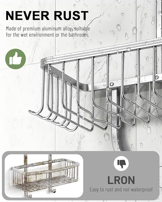 Shower Caddy Hanging - Never Rust Shower Hanging Organizer - Aluminum Over the ShowerHead Caddy with Soap Basket and 6 Hooks for Razor/Sponge (Frosted Silver)
