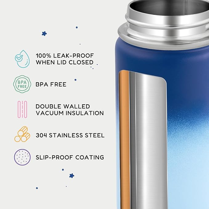 12oz Water Bottle for School, Water Bottles with Straws, Insulated Water Bottles, Stainless Steel Vacuum Insulated Bottle, Leak-Proof, BPA-Free, Ocean
