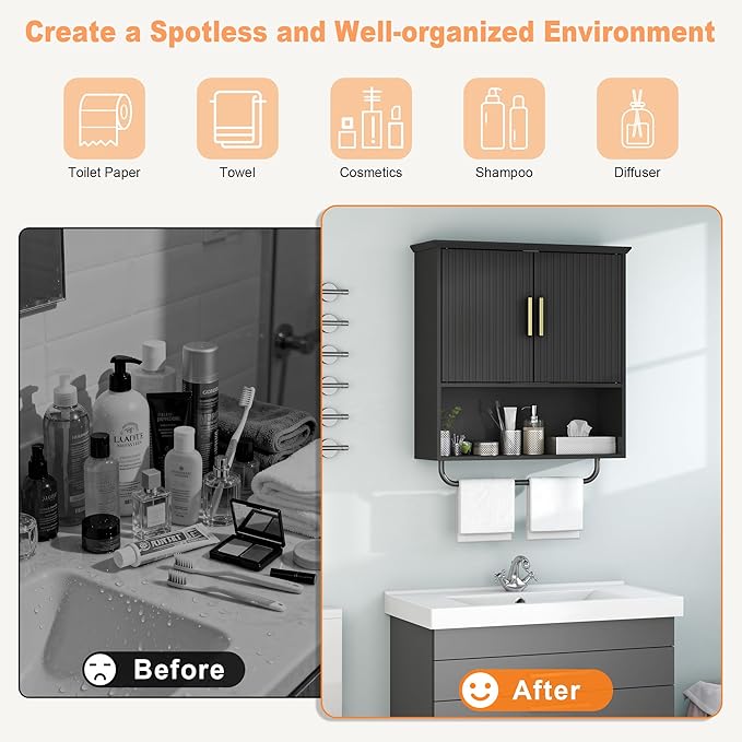 Bathroom Wall Cabinet with Towel Bar, 2 Doors & Adjustable Shelves - Space Saving Wood Wall Mounted Medicine Cabinet Storage Organizer for Bathroom, Laundry, Kitchen, Living Room (Black)