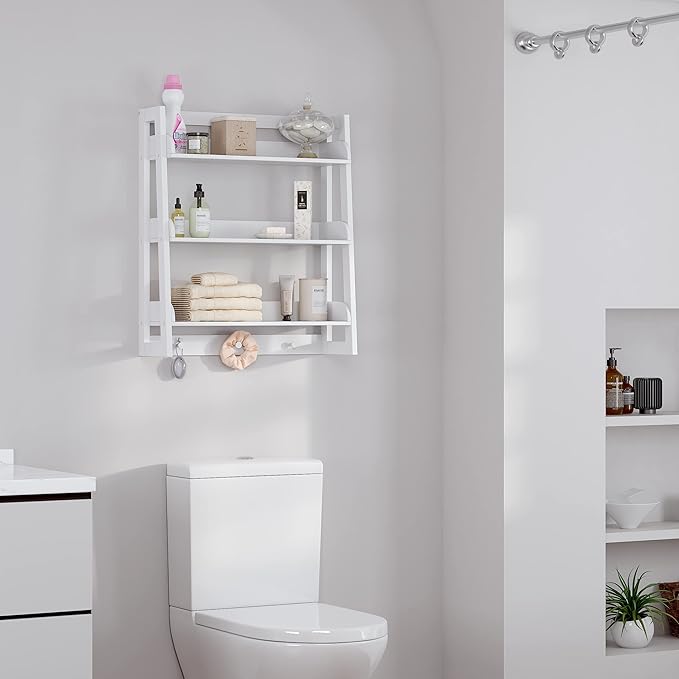 UTEX Bathroom Wall Shelf, Over Toilet Storage Shelf Organizer, 3-Tier Wall Mount Shelf Rack with Hook, White