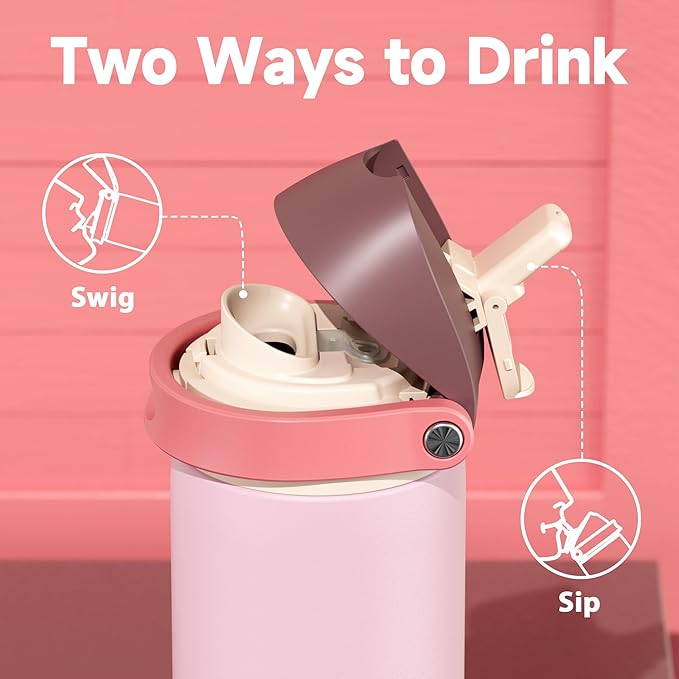 24 oz Insulated Water Bottle for Sports: Meoky Stainless Steel Water Bottle with Straw and Spout Lid - Leak Proof, Cold for 24 Hours, Fits in Car Cup Holder, BPA-Free for Women Travel, Angel Food Cake