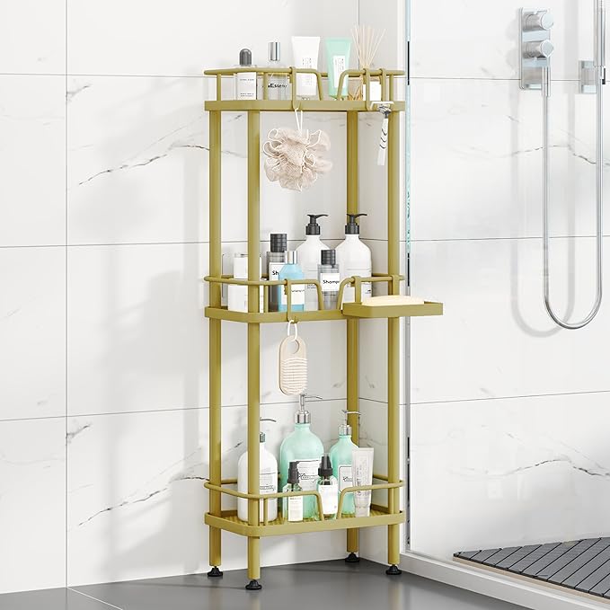 HapiRm Standing Corner Shower Caddy - 3 Tier Corner Shower Organizer with Soap Holder, Rustproof Stainless Steel Bathroom Shelf with 4 Hooks, Gold