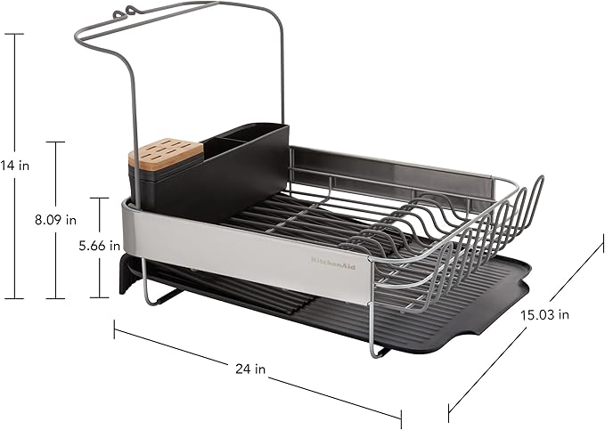 KitchenAid Full Size, Rust Resistant Expandable Dish Rack with Angled Self Draining Drainboard, 24-Inch, Black