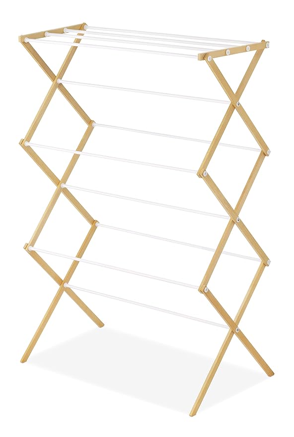 Whitmor Foldable Clothes Drying Rack: 3 Tier Laundry Drying Rack, Collapsible Drying Rack Clothing, Portable Space Saving Clothing Rack for Indoor Outdoor, 17.0“ L x 29.5” W x 43.5“ H, Wood