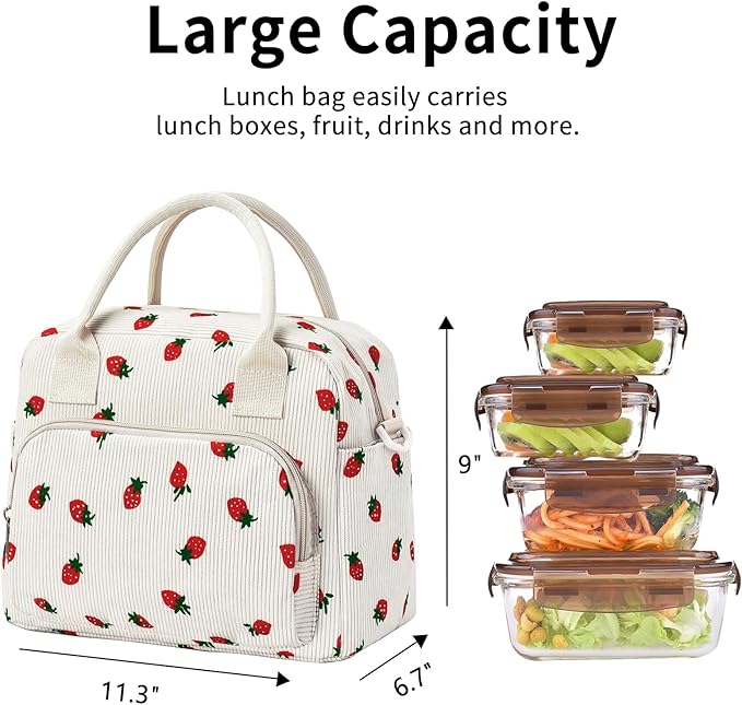 Lunch Bag Women Lunch Box for Women Adult Cute Insulated Lunch Bag Lager Cooler Lunch Tote Bags for Work Picnic (Beige-Strawberry)