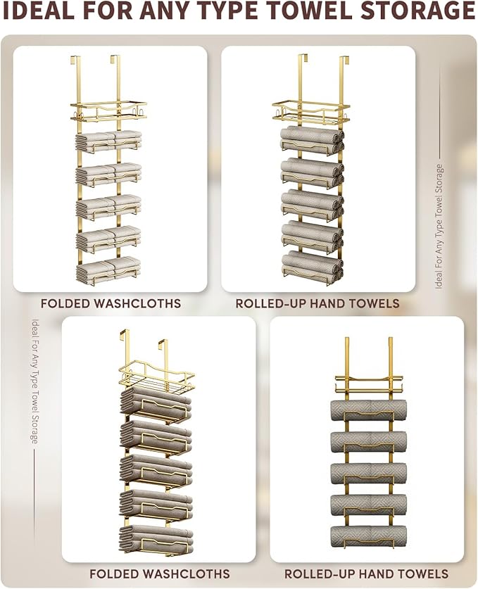 Hanging Towel Racks for Bathroom No Drill - 6-Tier Over The Door Bath Towel Storage Organizer for Small Bathrooms - Tiered Back of Door Towel Holder Hanger for Rolled Towels RV Camper Gold