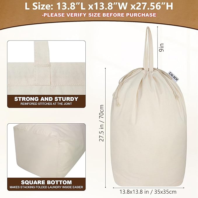 Canvas Laundry Bags with Handles & Square Base13.8"Lx13.8"Wx27.6"H, Large Heavy Duty Laundry Hamper Bag, College Dorm Washable Drawstring Canvas Dirty Clothes Sack (Beige,2 Pack)