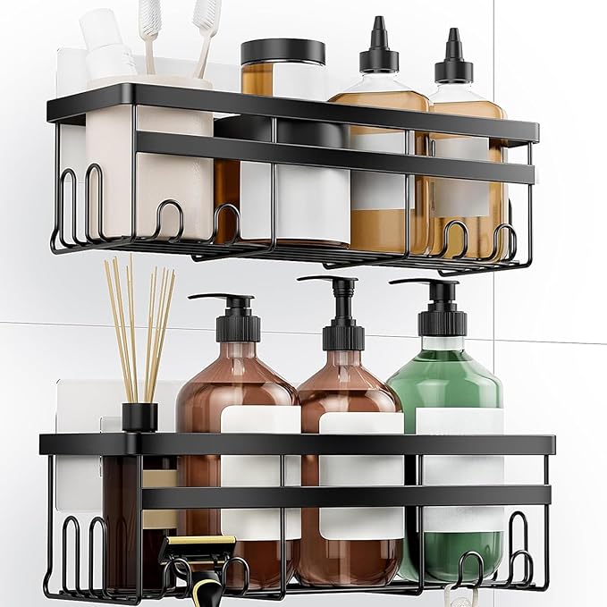 HomeHacks Shower Caddy, No Drilling Rustproof Organizer with Save Space Hooks, Apartment Essentials for Bathroom, Kitchen & Living Room, Shelf for Inside Shower, 2-Pack