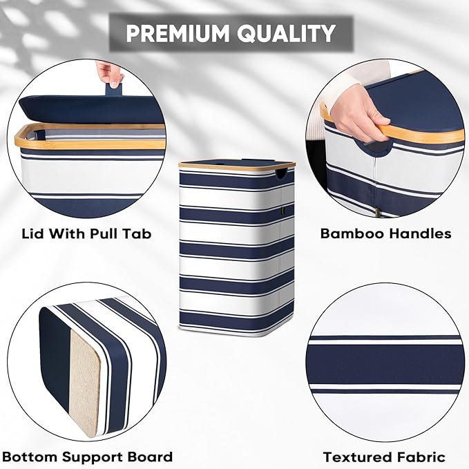 BALEINE Laundry Hamper with Lid, Tall Laundry Baskets with Bamboo Pull Handles, Large Laundry Bin with Internal Support (26 Gal/100L, Blue Stripe)
