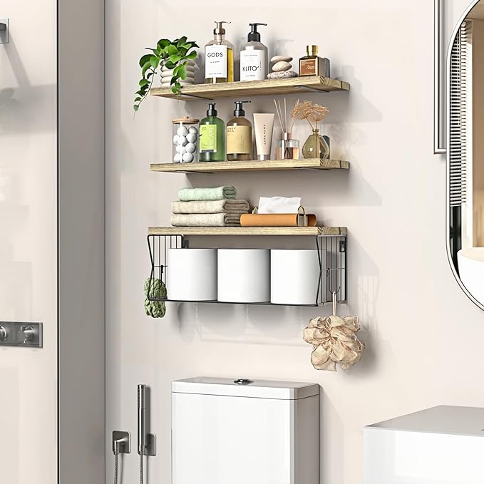 Floating Bathroom Shelves Wall Mounted - Wooden Shelf Set of 3 for Over Toilet Storage & Farmhouse Bathroom Decor - Perfect Shelving Organizer for Apartments RVs Powder Room Restroom - Wood