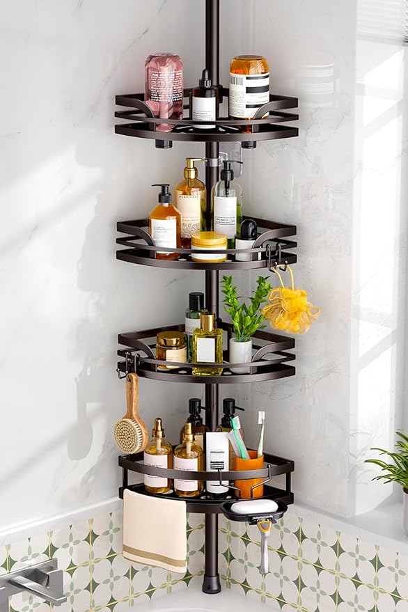HAMITOR Shower Caddy Tension Pole: Rustproof Bathroom Corner Shelf for Renters, 47-121 inches Adjustable Organizer with Soap Holder-Large Capacity Rack for Shampoo Storage Home Accessory- Bronze