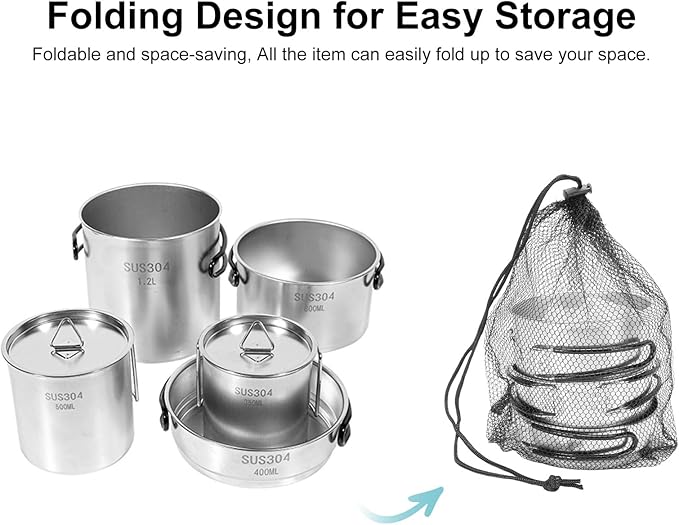 Aomiun 5PCS Stainless Steel Camping Cooking Set Cookware Mess Kit Cook Pots and Pan Set with Cups & Storage Bag, Lightweight Camping Cookware for Hiking Backpacking Outdoor Cooking and