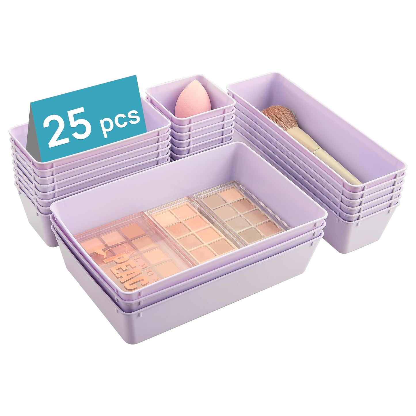 Vtopmart 25 PCS Clear Plastic Drawer Organizers Set, 4-Size Versatile Bathroom and Vanity Drawer Organizer Trays, Storage Bins for Makeup, Bedroom, Kitchen Gadgets Utensils and Office