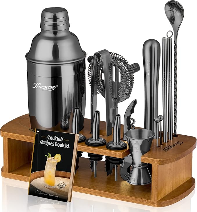 KITESSENSU Cocktail Shaker Set Bartender Kit, 6-Piece Silver Bar Set with Stand, Bar kit with Essential Bar Accessory Tools: Martini Shaker, Jigger, Strainer, Bar Spoon, Tongs, Opener