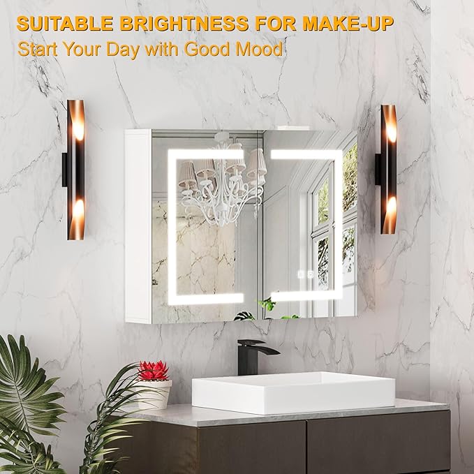 Snughome Bathroom Medicine Cabinet with Mirror and LED Lights, Wall Mount Bathroom Mirror with Storage, Anti-Fog, Built-in Power Outlets, Dimmable 3 Color Temp, Antirust Easy to Install, 31.5" x 23.6"