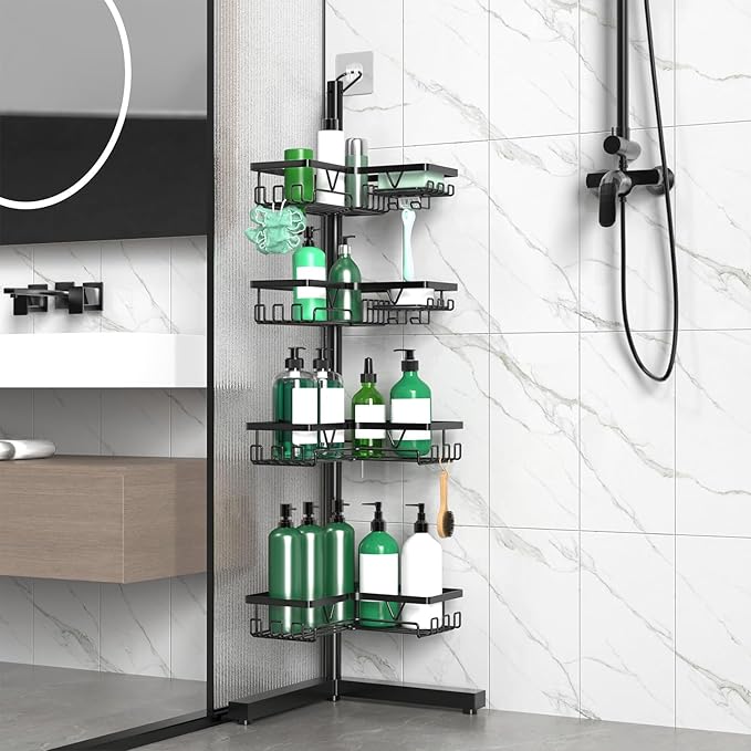Standing Shower Caddy Corner - 4-Tier Floor Shower Caddy Corner Adjustable Bathroom Organizers and Storage with Soap Holder & Razor, Bathroom Free-Standing Organizer for Large Bottles