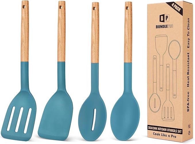 Pack of 4 Silicone Cooking Utensils Set, Non Stick Solid Spatulas and Heat Resistant Slotted Spoons with Wooden Handle, Ideal Wood Kitchen Utensils Set for Frying,Serving,Turning,Stirring (PINK)