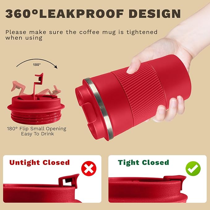 Vacuum-Insulated Stainless Steel Travel Coffee Mug, Leak-Proof Reusable Coffee Cup with Lid - Keep Hot & Cold Drinks for Hours, Durable Insulated Tumbler for Men & Women(3rd-Red, 12OZ)