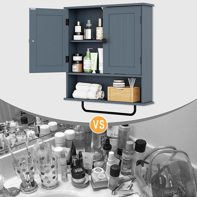 RRX Bathroom Cabinet Wall Mounted Medicine Cabinets with Towels Bar, Over The Toilet Storage Cabinet with 2 Doors and Adjustable Shelf, White Wall Cabinet for Bathroom Laundry Kitchen,Gray