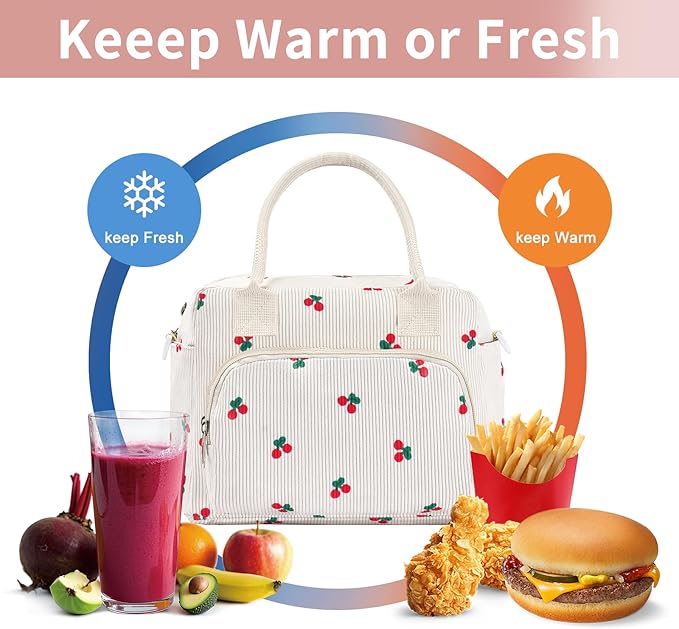Lunch Bag Women Lunch Box for Women Adult Cute Insulated Lunch Bag Lager Cooler Lunch Tote Bags for Work Picnic (Beige-Cherry)