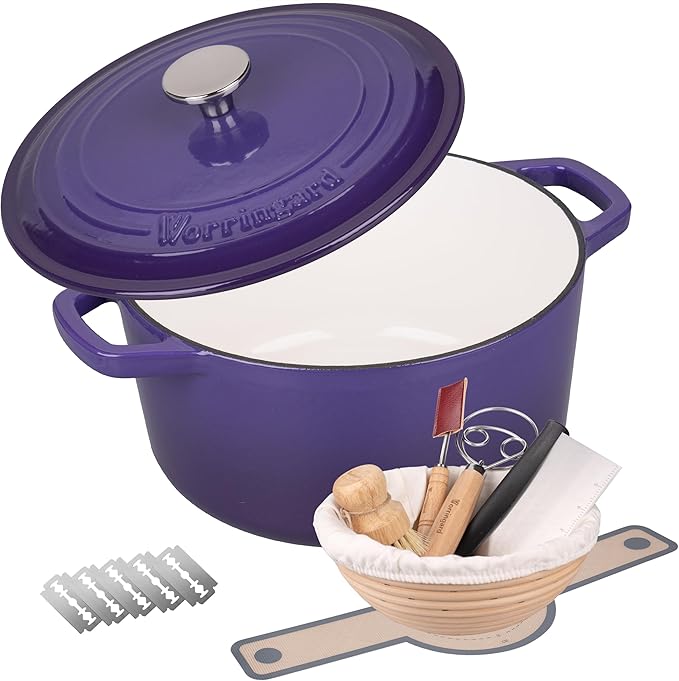 VORRINGARD Enameled Cast Iron Dutch Oven Pot with Lid, for Bread Baking, Round Bread Oven- include Sourdough Bread Baking Supplies Set, 4.5QT, Latte