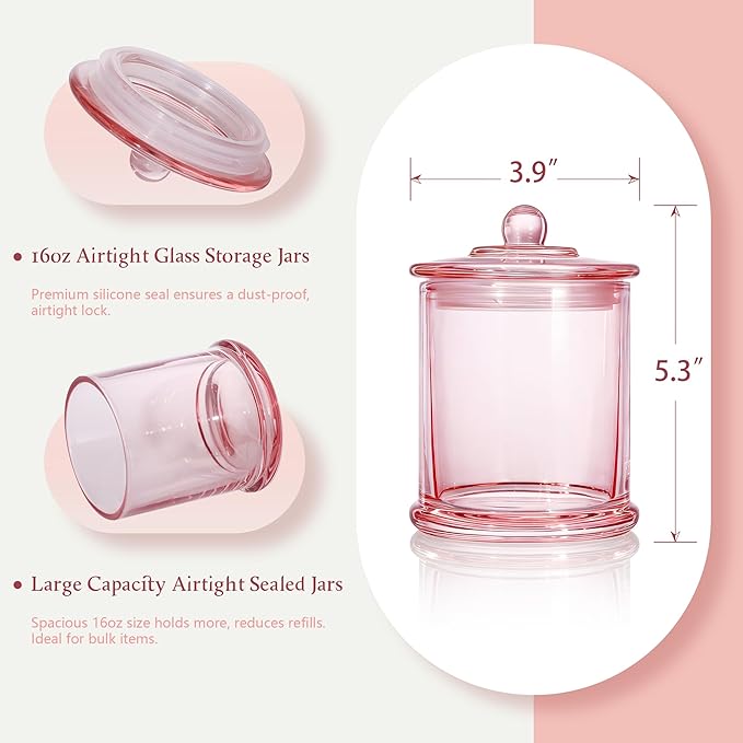 3 Pack Qtip Holder Dispenser, 16oz Bathroom Organizer and Storage Canisters, glass vanity organizer with lid - Home Decor, Room Decor Aesthetic (Pink)