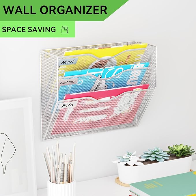 3 Pockets Hanging Wall File Organizer Mail Holder, Wall Mounted Paper Document Folder Holder, Clipboard Storage Organization Magazine Rack, Silver