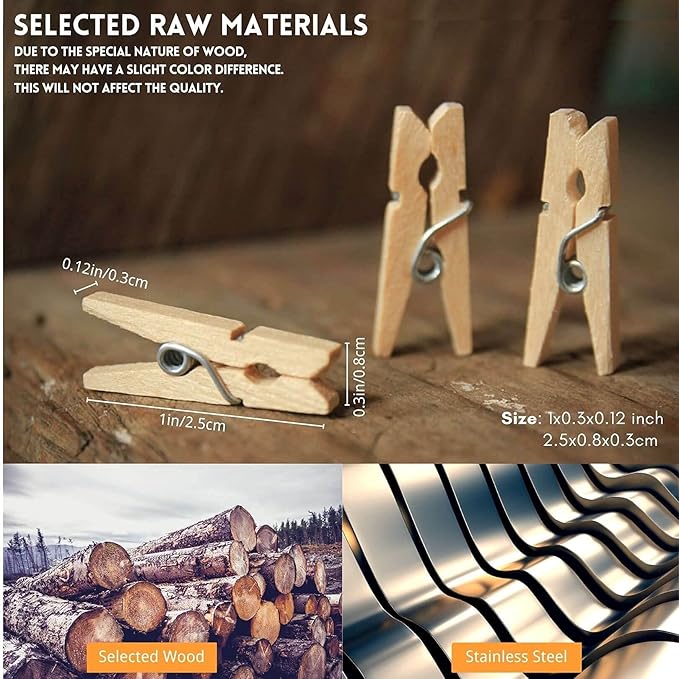 Mini Clothespins, Mini Clothes Pins for Photo Natural Wooden Small Picture Clips for Crafts 1 Inch 300 PCS Tiny Pegs with Jute Twine String Decorative Wood Clips for Wall Hanging Pictures