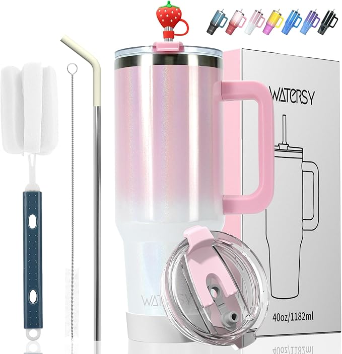 30 oz Shiny Tumbler with Handle and Straw,Stainless Steel Tumbler with Lid and Straw,Insulated Travel Mug(Cold for 34 Hours),Water Bottle for Iced Tea,Coffee (Pink)
