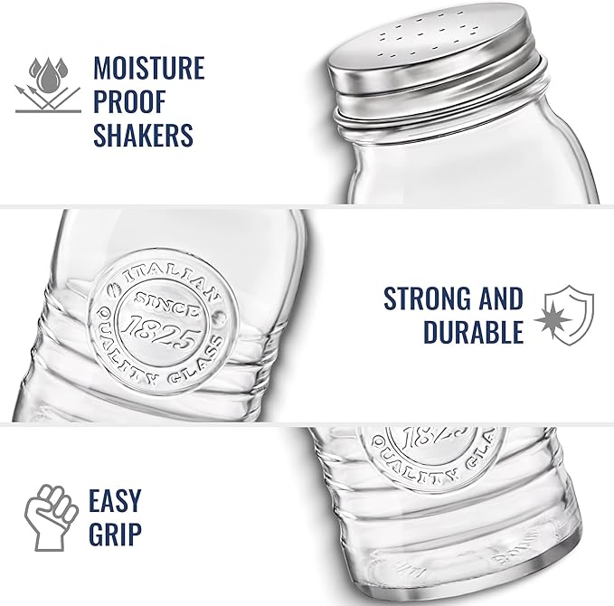 Bormioli Rocco Officina 1825 Salt & Pepper Jars Set of 2-8 Oz. Ribbed Glass Containers with Airtight Metal Lids for Seasoning, Cooking & Dining Table Use - Italian Glass Storage Design