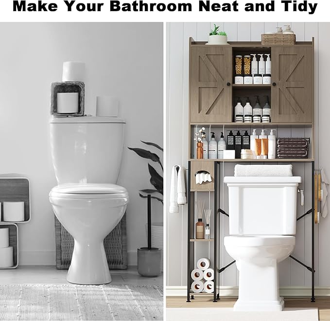 EasyCom Over The Toilet Storage Cabinet with Metal Frame and 7 Storage Shelves, Bathroom Organizer with Adjustable Shelves and Paper Holder, Farmhouse Storage Cabinet for Bathroom, Laundry, Oak Grey