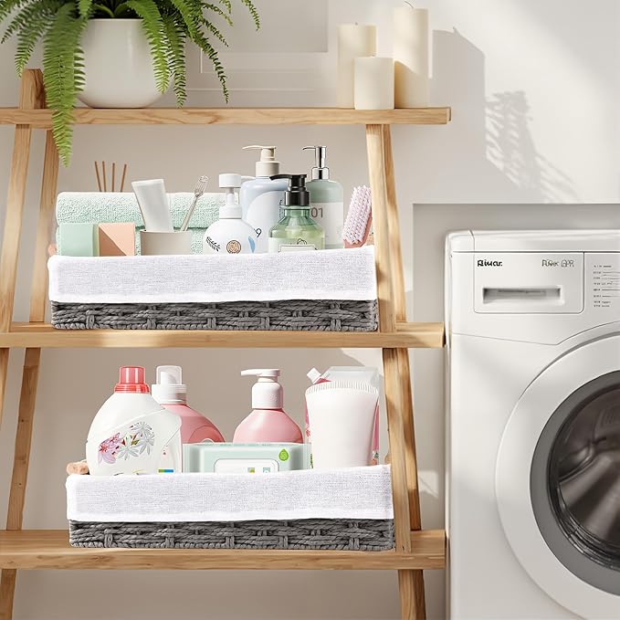 HomeHacks 2 Pack Storage Basket Paper Rope Baskets for Organizing with Handle Decorative Storage Bins for Countertop Toilet Paper Basket for Toilet Tank Top Large Baskets, Grey