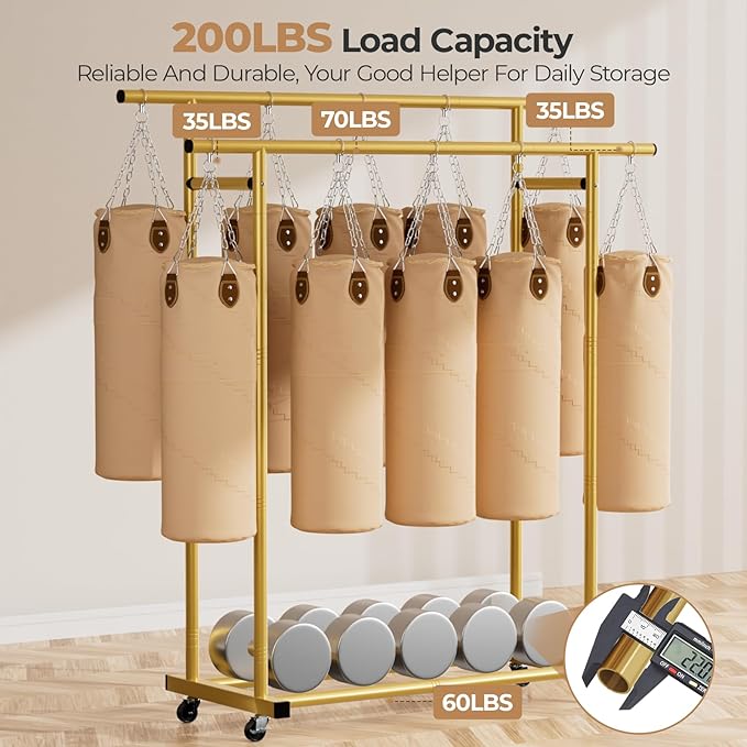 Abiglifty Double Rods Clothes Rack for Hanging Clothes, Clothing Rack with Wheels, Portable Closet Organizer for Laundry, Room (Gold)