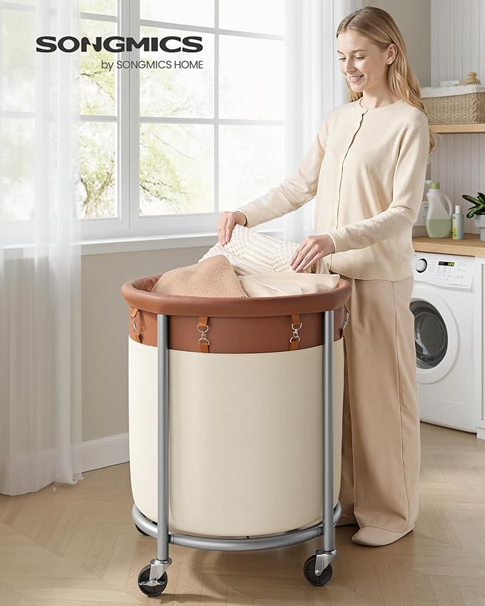 SONGMICS 50.2-Gallon (190 L) Laundry Basket with Wheels, Rolling Round Heavy-Duty Laundry Hamper Cart with Steel Frame and Removable Bag, 2 Locking Wheels, Coffee Brown and Cream White URLS001KQ02