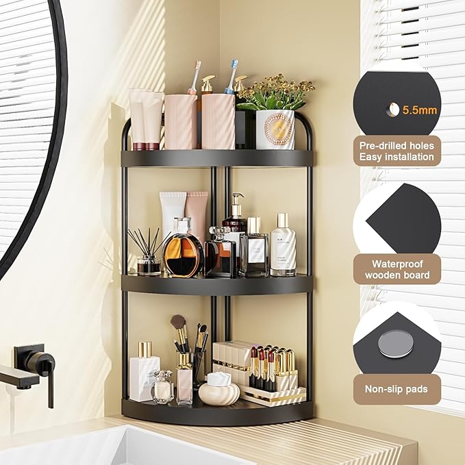 Abiglifty Corner Bathroom Counter Organizer, No Drill 3-Tier Corner Shelf Bathroom Counter, Space-Saving Countertop Organizer, Corner Counter, Vanity Organizers (Black)